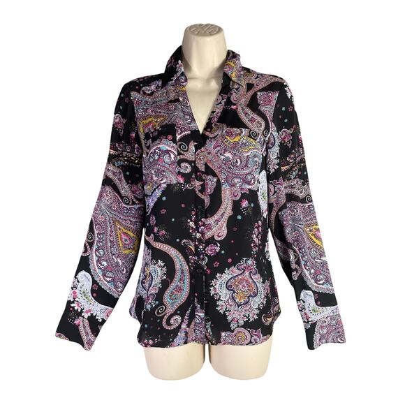 Express Women’s Paisley Button Down Shirt XS Black Multicolor Boho‎ Blouse - Picture 1 of 10